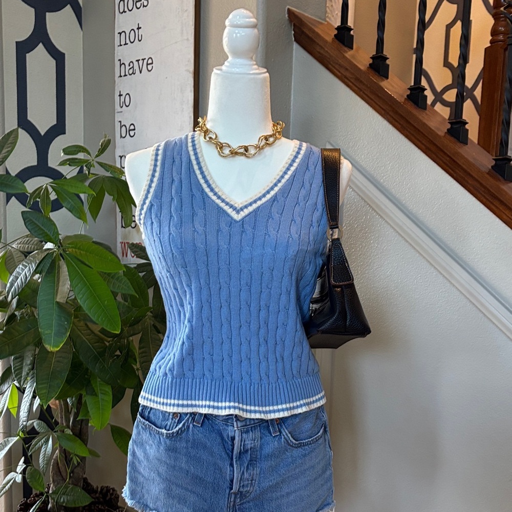 John Galt Preppy Blue Cable Knit Sleeveless Sweater